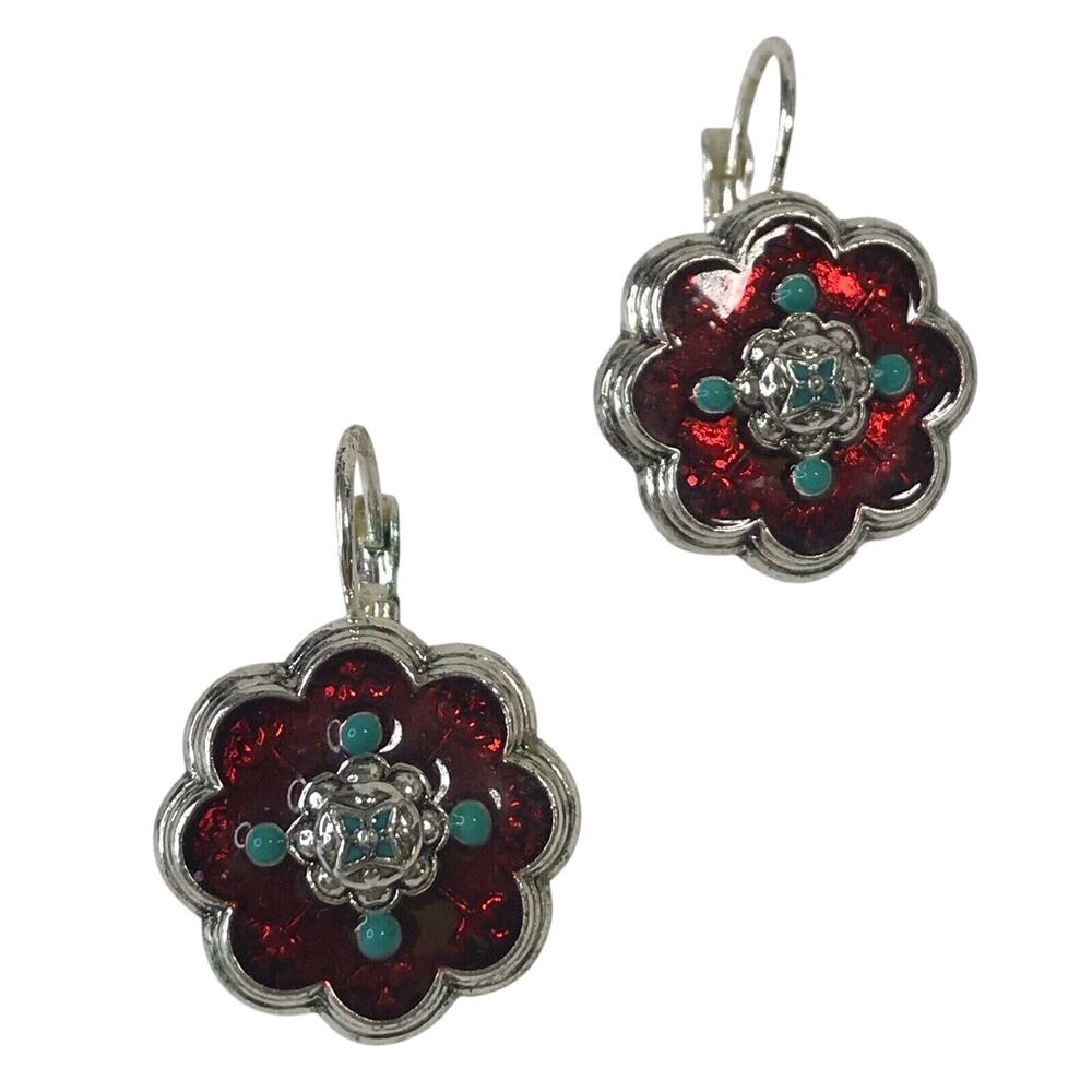 Avon Floral Red Teal Enamel Earrings Hook Pierce Silver Tone Vintage 1980's